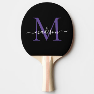 Zwart Paarse Violet Monogram Elegant Script Naam Tafeltennisbatje