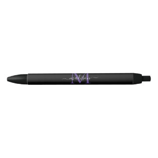 Zwart Paarse Violet Monogram Elegant Script Naam Zwarte Inkt Pen