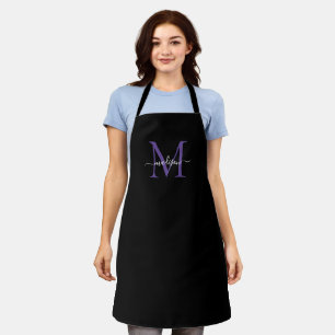 Zwart Paarse Violet Monogram Girly Vrouwelijk Scri Schort