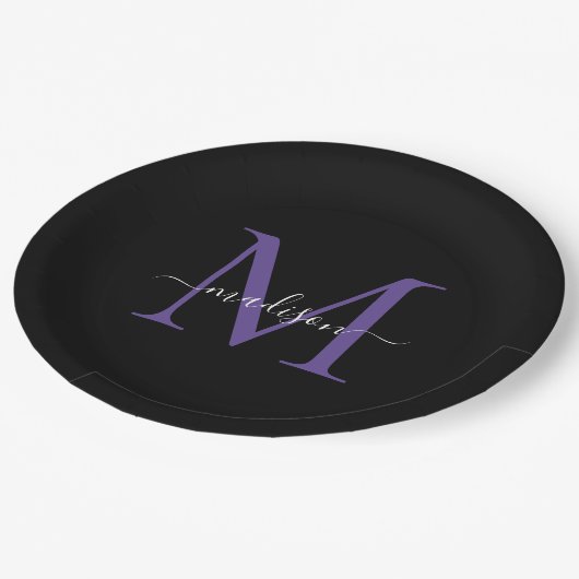 Zwart Paarse Violet Monogram Modern Elegant Script Papieren Bordje (Gekanteld)