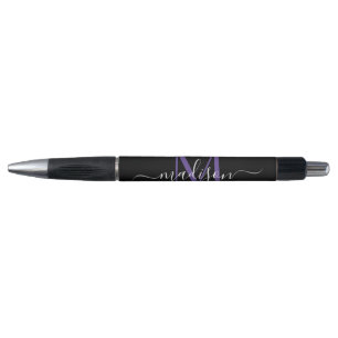 Zwart Paarse Violet Monogram Script Naam Stijlvol Pen