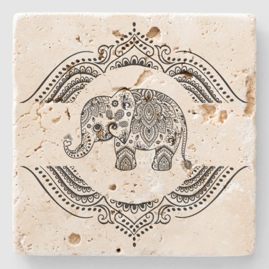 Zwart Paisley Olifant & Bloemen Kant Stenen Onderzetter (Voorkant)