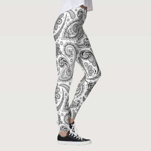 Zwart  paisley patroon op wit leggings (Rechts)