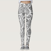 Zwart  paisley patroon op wit leggings (Voorkant)