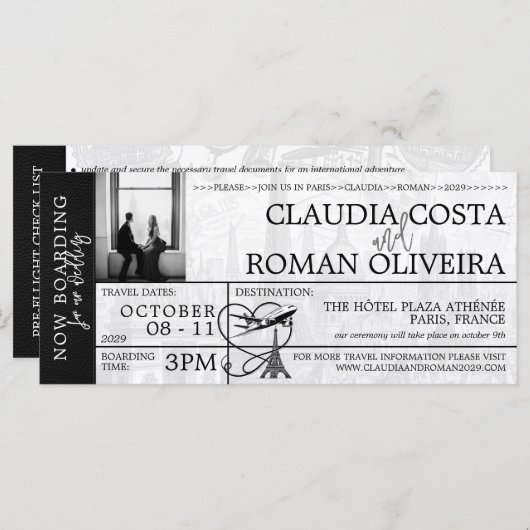 Zwart Parijs Bruiloft Boarding Pass (Voorkant / Achterkant)