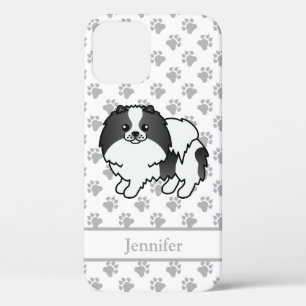 Zwart Parti-Kleur Pomeranian Cartoon Hond & Naam iPhone 12 Hoesje
