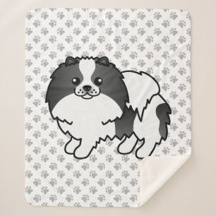 Zwart Parti-Kleur Pomeranian Cartoon Hond & Pootje Sherpa Deken