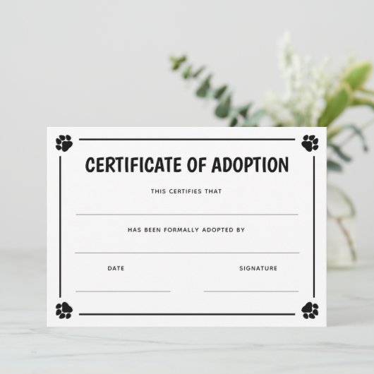 Zwart Paw Print Lijst Pet Certificaat van Adoptie (Staand voorkant)