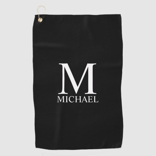 Zwart persoonlijk monogram en naam golfhanddoek (Voorkant)