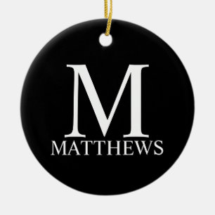 Zwart persoonlijk monogram en naam keramisch ornament