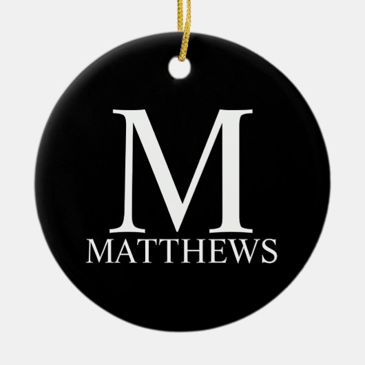 Zwart persoonlijk monogram en naam keramisch ornament (Voorkant)