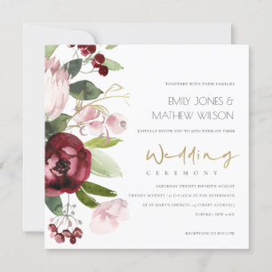 ZWART PINK BURGUNDY PROTEA PEONY FLORAL WEDING KAART