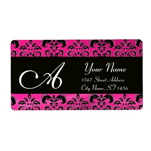 ZWART PINK FUCHSIA DAMASK, AMETHYST MONOGRAM ETIKET (Voorkant)