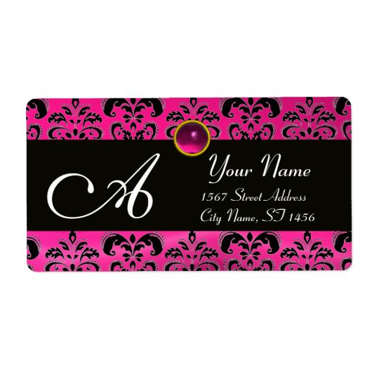 ZWART PINK FUCHSIA DAMASK, AMETHYST MONOGRAM ETIKET (Voorkant)