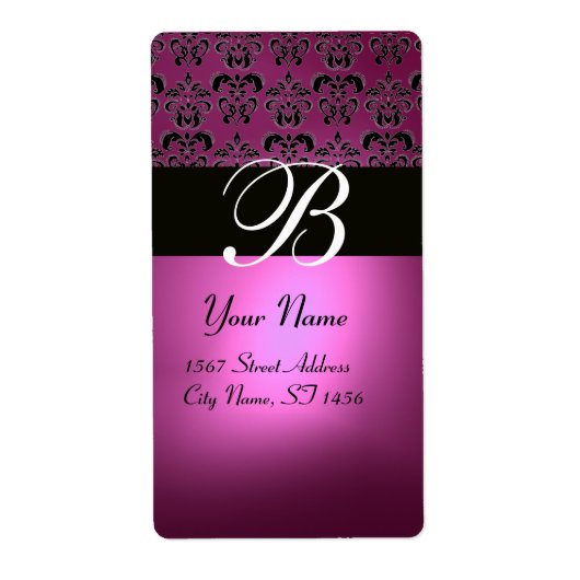 ZWART PINK FUCHSIA PAARS AMETHYST DAMASKMONOGRAM ETIKET (Voorkant)