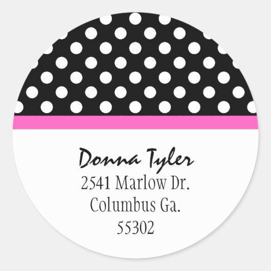 Zwart Polka Dot & Roze Trim Adres Stickers (Voorkant)