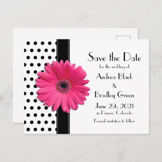 Zwart Polka Dots Roze Daisy Bruiloft Save the Date Aankondigingskaart (Voorkant / Achterkant)