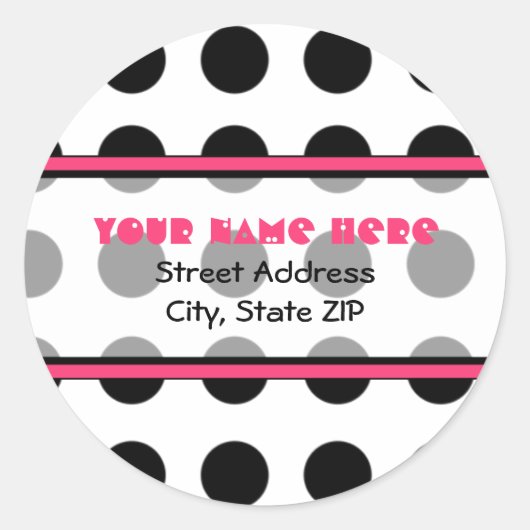 Zwart Polka Dotty met Roze Adresetiketten Ronde Sticker (Voorkant)
