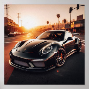 Zwart Porsche Sunset poster