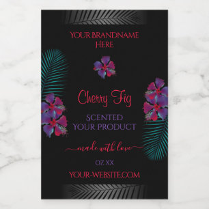 Zwart productlabel paarse rode bloemen groene blad voedselcontainer etiket