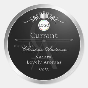 Zwart productlabel zilveren frame-logo en monogram ronde sticker