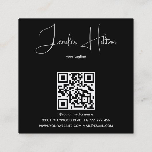 Zwart professioneel QR-code minimalistisch monogra Vierkante Visitekaartje (Achterkant)