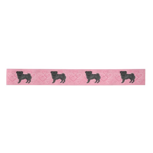 Zwart Pug Dog Cartoon Mops en harten Patroon Roze Lint (Voorkant)