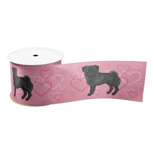 Zwart Pug Dog Cartoon Mops en harten Patroon Roze Lint (Spoel)