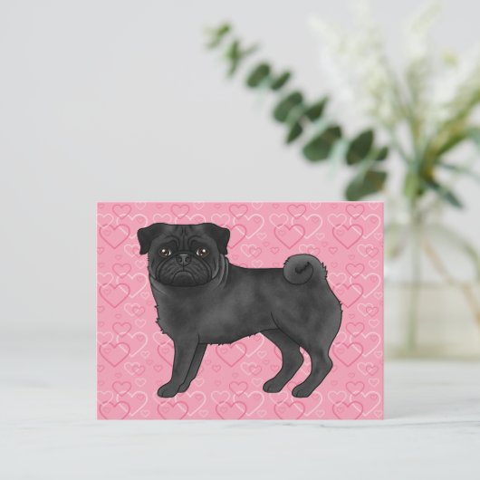 Zwart Pug Dog Cartoon Mops Love Hart Patroon Roze Briefkaart (Staand voorkant)