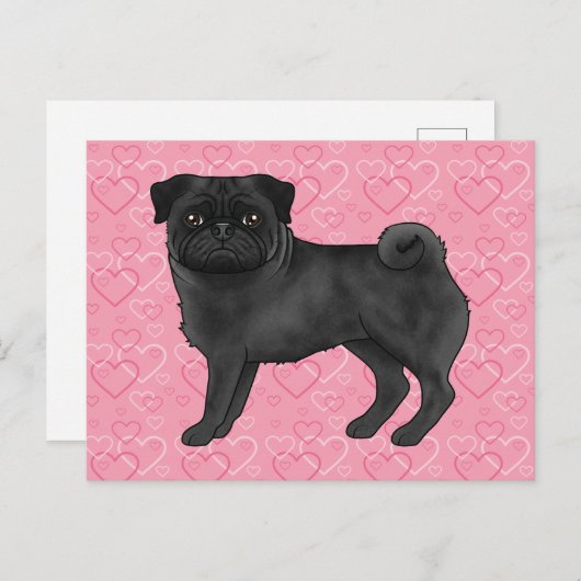 Zwart Pug Dog Cartoon Mops Love Hart Patroon Roze Briefkaart (Voorkant / Achterkant)