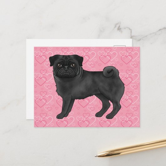 Zwart Pug Dog Cartoon Mops Love Hart Patroon Roze Briefkaart (Voorkant / Achterkant in situ)