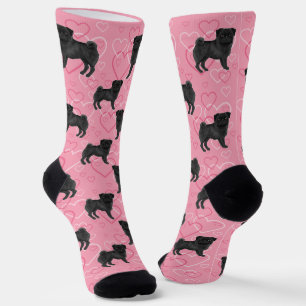 Zwart Pug Dog Cartoon Mops Love Hart Patroon Roze Sokken