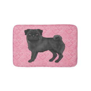Zwart Pug Dog Cartoon Mops Roze Liefde Hart Patroo Badmat