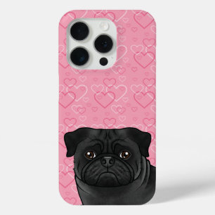 Zwart Pug Dog Head Close-up Op Roze Liefde Harten iPhone 15 Pro Case