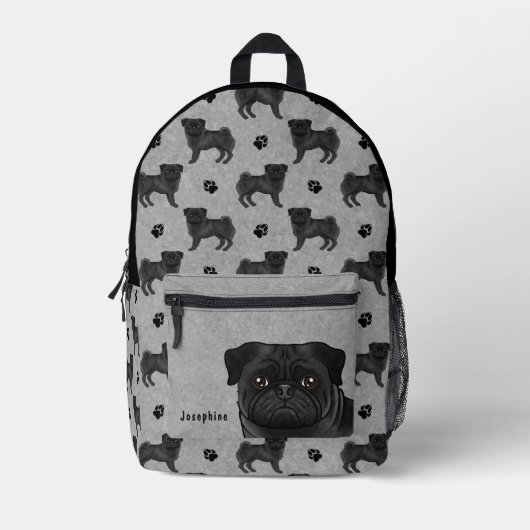 Zwart Pug Dog Mops Design Patroon met Naam Grijs Bedrukte Rugzak (Voorkant)