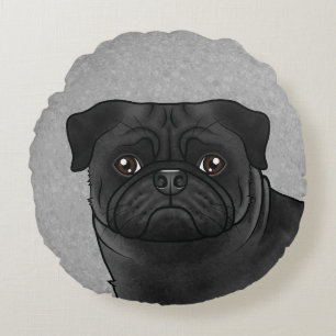 Zwart Pug Dog Schattige Cartoon Dog Head Close-Up  Rond Kussen