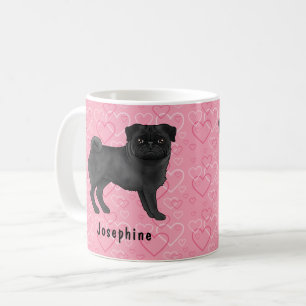 Zwart Pug Dog Schattige Mops en roze harten met na Koffiemok