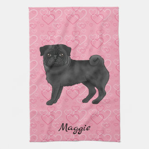 Zwart Pug Dog Schattige Mops en roze harten met na Theedoek
