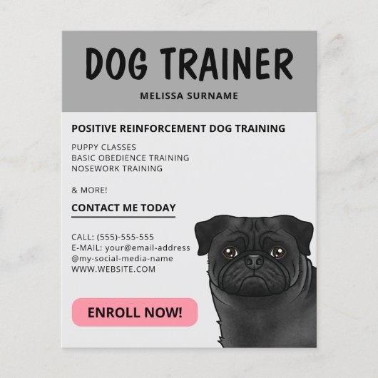 Zwart Pug Dog Trainer Hond Pet Service Grijs Flyer (Voorkant)