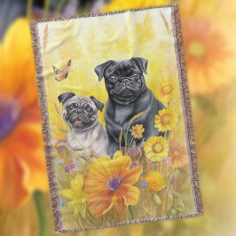 Zwart Pug Fawn Field Geel Wildflower Hondenliefheb Deken