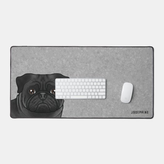 Zwart Pug Head Cartoon Dog met aangepaste naam Gri Bureaumat (Keyboard & Muis)