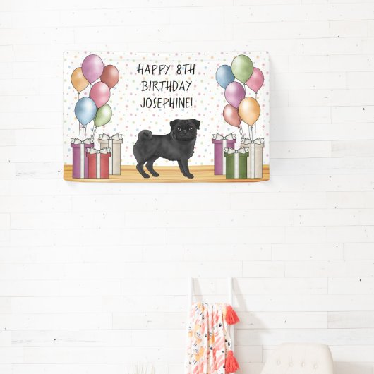 Zwart Pug Hond Kleurrijke Pastels Gelukkige Verjaa Spandoek (Insitu)