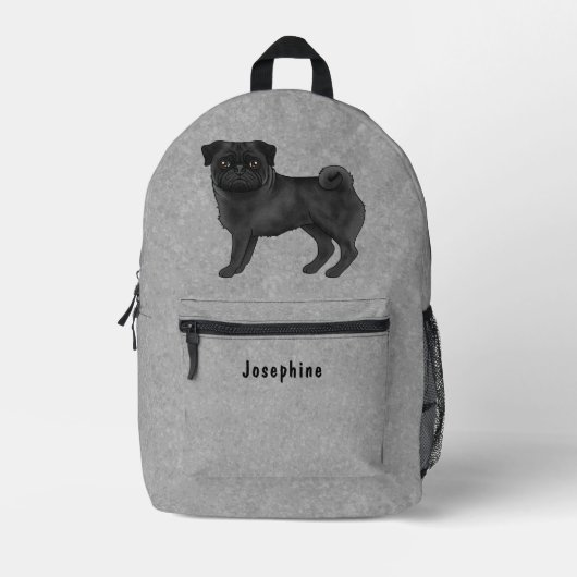 Zwart Pug Mops Hondenras ontwerp met aangepaste te Bedrukte Rugzak (Voorkant)