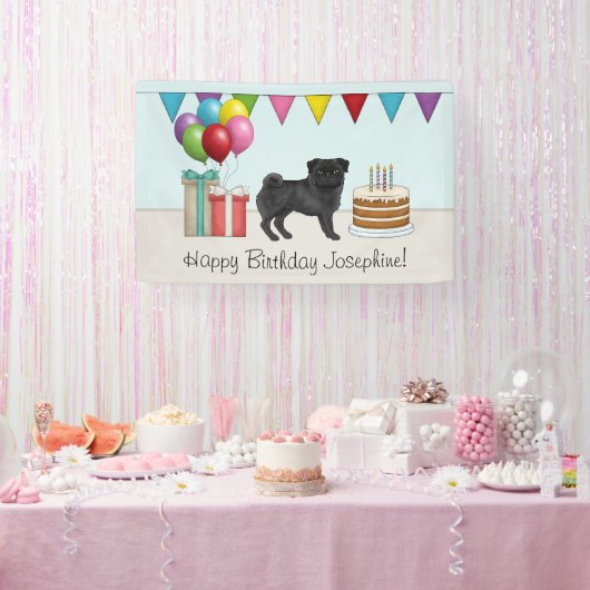 Zwart Pug Schattige Cartoon Dog Kleurrijke Happy B Spandoek (Feest)