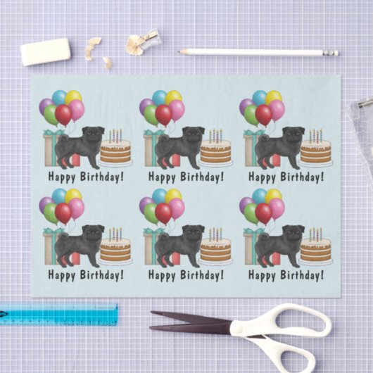 Zwart Pug Schattige Cartoon Dog Kleurrijke Verjaar Tissuepapier (Craft)