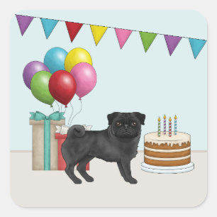 Zwart Pug Schattige Cartoon Dog Kleurrijke Verjaar Vierkante Sticker