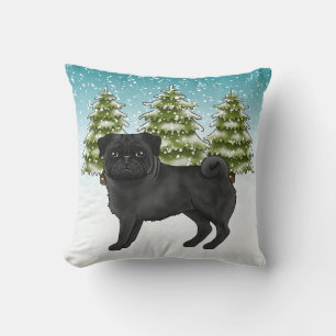 Zwart Pug Schattige Cartoon Dog Snowy Winter Fores Kussen