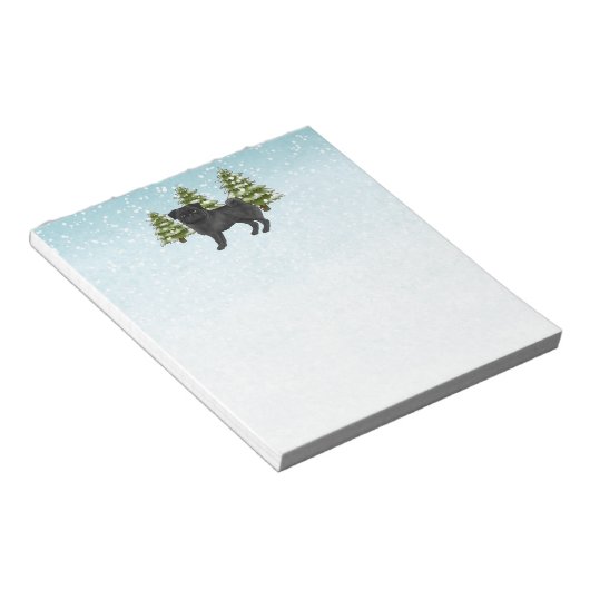 Zwart Pug Schattige Cartoon Dog Snowy Winter Fores Notitieblok (Schuin)