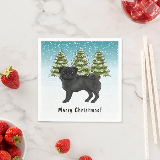 Zwart Pug Schattige Cartoon Dog Snowy Winter Fores Servet (Insitu)