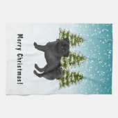 Zwart Pug Schattige Cartoon Dog Snowy Winter Fores Theedoek (Horizontaal)